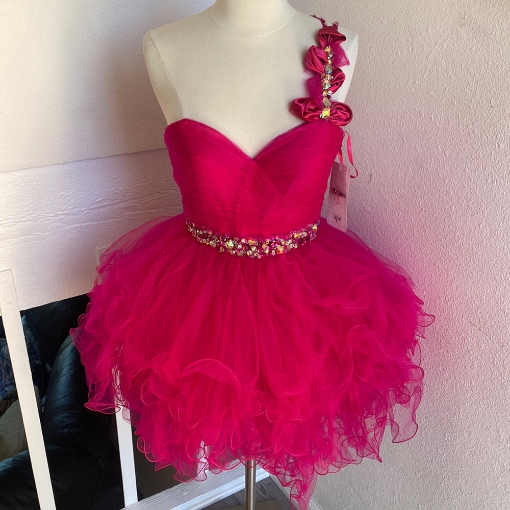 Fuchsia Pageant Rhinestone Embellished Prom Evening Mini Tulle  Dress